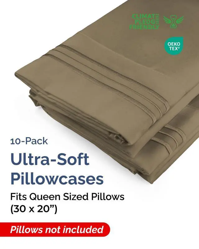 Alt view image 2 of 7 - Queen Pillow Cases Set of 10 - Ultra Soft Hotel Quality Pillowcase Covers - Comfy & Wrinkle Free - Shrink & Fade Resistant - Soft, Easy-Care, Machine Washable Pillow Protectors - 10 Piece Set - Khaki