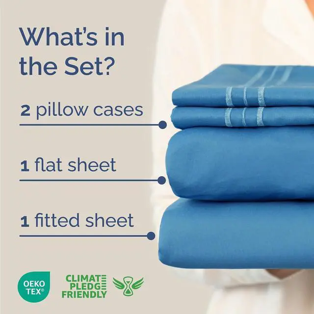 Alt view image 2 of 7 - Cal King Size 4 Piece Sheet Set - Comfy Breathable & Cooling Sheets - Hotel Luxury Bed Sheets for Women & Men - Deep Pockets, Easy-Fit, Soft & Wrinkle Free Sheets - Denim Blue Oeko-Tex Bed Sheet Set