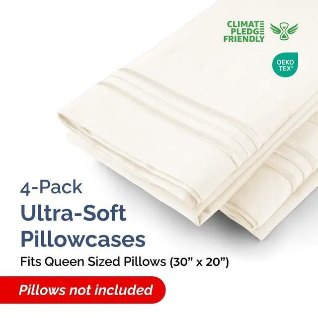 Alt view image 2 of 7 - Queen Pillow Cases Set of 4 - Ultra Soft Hotel Quality Pillowcase Covers - Comfy, Cozy & Wrinkle Free - Shrinkage, Stain & Fade Resistant - Machine Washable Pillow Protectors - 4 Piece Set - Off White