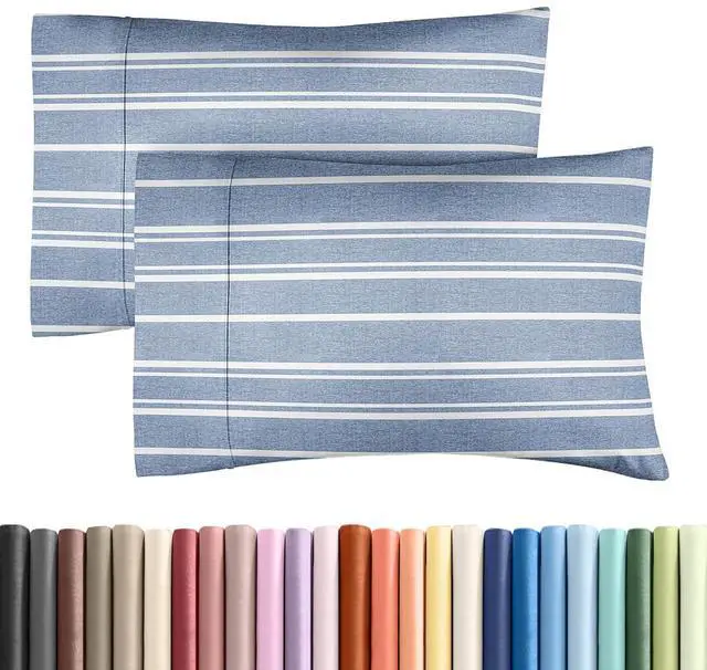 Main image of King Pillow Cases Set of 2 - Ultra Soft Hotel Quality Pillowcase Covers - Comfy, Cozy & Wrinkle Free - Shrinkage and Fade Resistant - Machine Washable Pillow Protectors - 2 Piece Set - Blue Stripes 3
