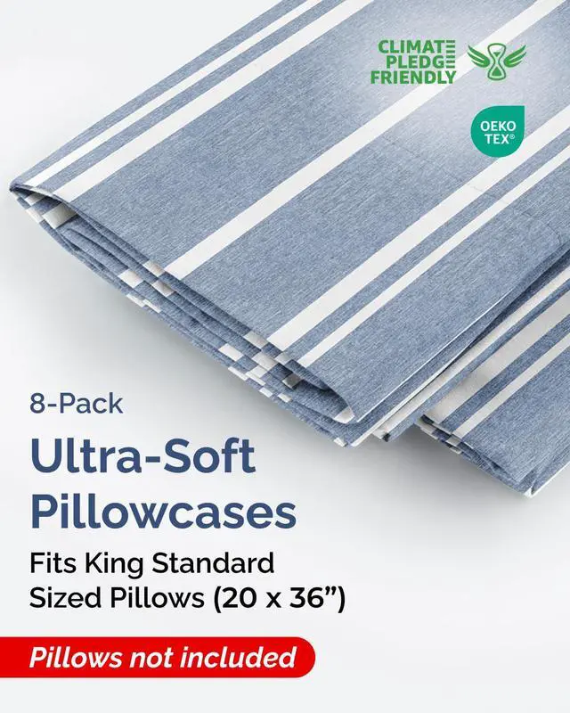Alt view image 2 of 7 - King Standard Pillow Cases Set of 8 - Ultra Soft Hotel Quality Pillowcase Covers - Cozy & Wrinkle Free - Stain & Fade Resistant - Soft, Machine Washable Pillow Protectors - 8 Piece Set - Blue Stripes