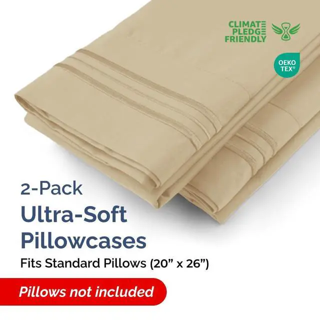 Alt view image 2 of 7 - Standard Pillow Cases Set of 2 - Ultra-Soft Hotel Quality Pillowcase Covers - Comfy & Wrinkle Free - Stain and Fade Resistant - Machine Washable Pillow Protectors - 2 Piece Set - Standard Size Beige