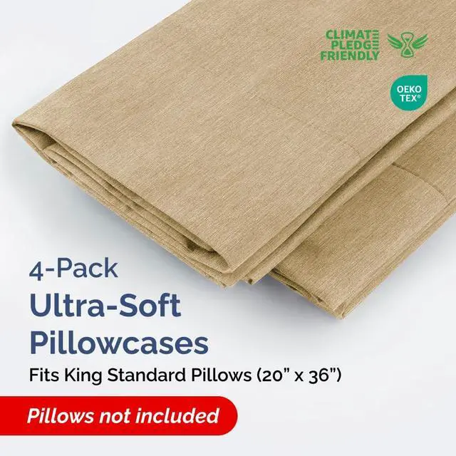 Alt view image 2 of 7 - King Standard Pillow Cases Set of 4 - Soft Hotel Quality Pillowcase Covers - Comfy Bedding for Women, Men, Kids & Teens - Machine Washable Pillow Protectors - 4 Piece Set - King Standard Heathered Tan