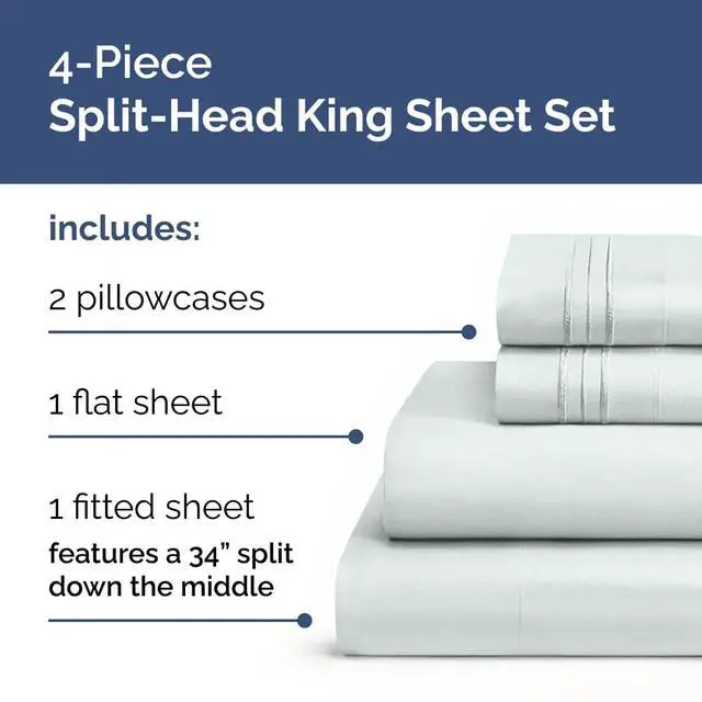 Alt view image 2 of 7 - Flex Top Split Head King 4 Piece Sheet Set - Soft, Breathable & Cooling Bed Sheets Set - Hotel Luxury Bedding for Women & Men with Deep Pockets - Wrinkle Free & Fade Resistant - Oeko-Tex - Ice Blue