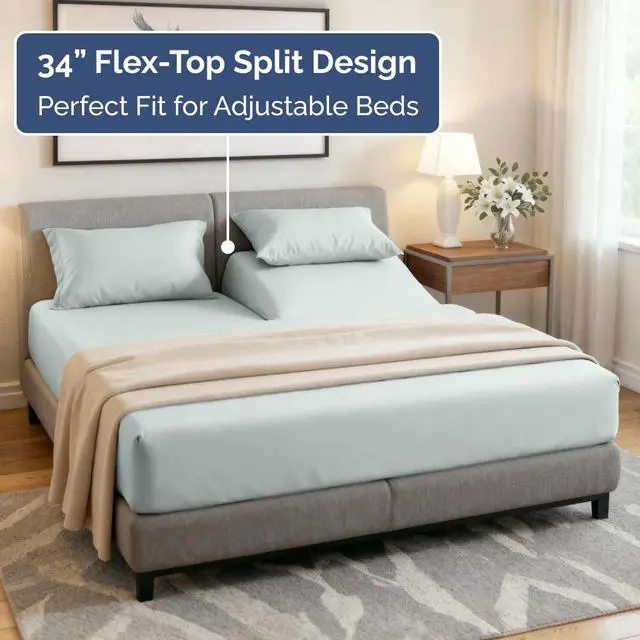 Alt view image 3 of 7 - Flex Top Split Head King 4 Piece Sheet Set - Soft, Breathable & Cooling Bed Sheets Set - Hotel Luxury Bedding for Women & Men with Deep Pockets - Wrinkle Free & Fade Resistant - Oeko-Tex - Ice Blue