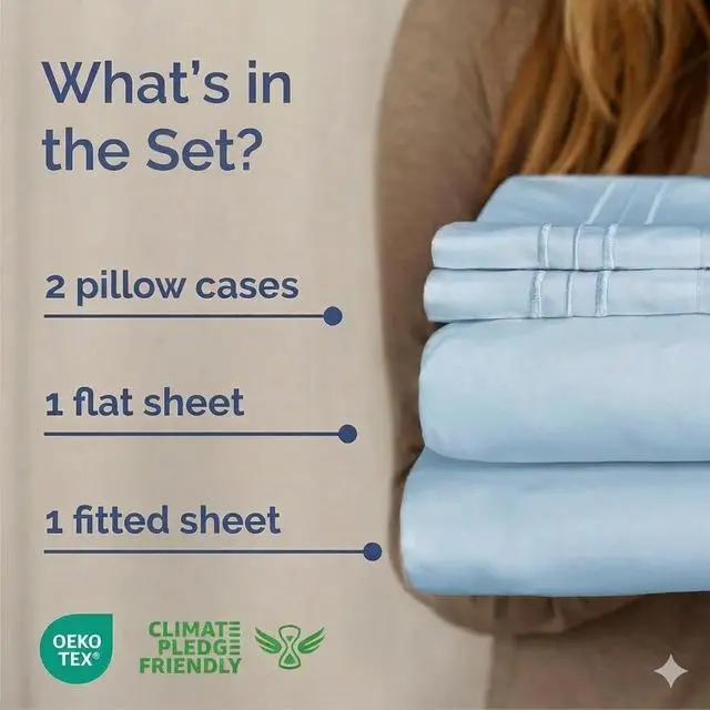Alt view image 2 of 7 - Cal King Size 4 Piece Sheet Set - Comfy Breathable & Cooling Sheets - Hotel Luxury Bed Sheets for Women & Men - Deep Pockets, Easy-Fit, Soft & Wrinkle Free Sheets - Light Blue Oeko-Tex Bed Sheet Set