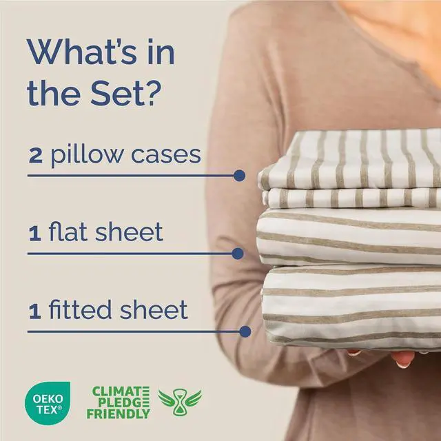 Alt view image 2 of 7 - Full Size 4 Piece Sheet Set - Comfy Breathable & Cooling Sheets - Hotel Luxury Bed Sheets for Women & Men - Deep Pockets, Easy-Fit, Soft & Wrinkle Free Sheets - Beige Stripes Oeko-Tex Bed Sheet Set