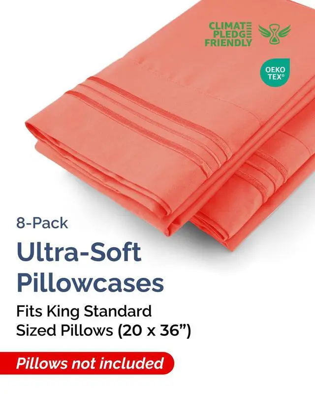 Alt view image 2 of 7 - King Standard Pillow Cases Set of 8 - Ultra Soft Hotel Quality Pillowcase Covers - Comfy & Wrinkle Free - Shrink & Fade Resistant - Easy-Care, Machine Washable Pillow Protectors - 8 Piece Set - Coral