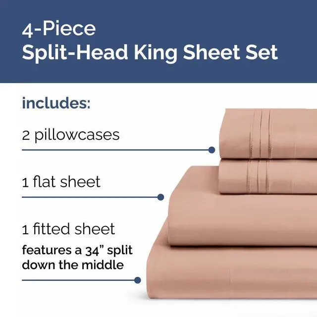 Alt view image 2 of 7 - Flex Top Split Head King 4 Piece Sheet Set - Ultra-Soft, Breathable & Cooling Bed Sheets Set - Hotel Luxury Bedding for Women & Men with Deep Pockets - Wrinkle Free & Fade Resistant - Oeko-Tex - Mauve