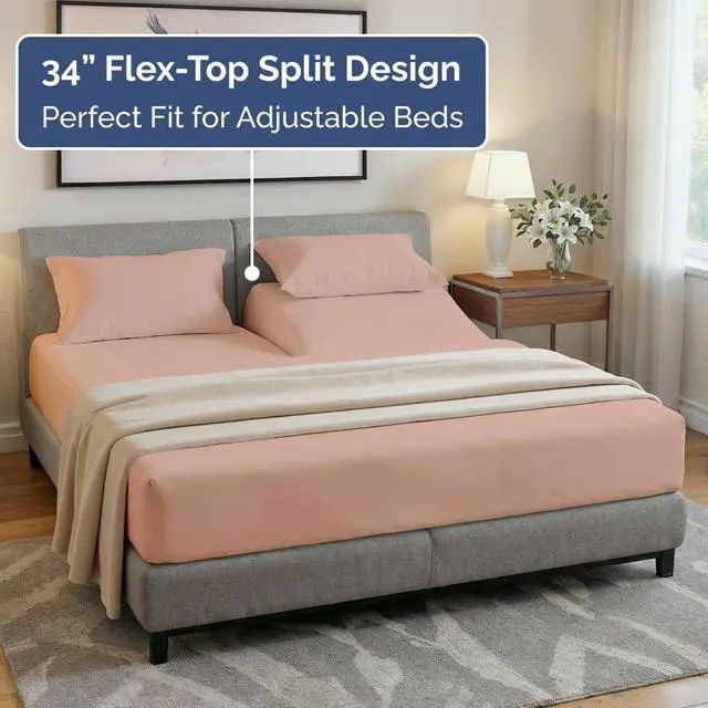 Alt view image 3 of 7 - Flex Top Split Head King 4 Piece Sheet Set - Ultra-Soft, Breathable & Cooling Bed Sheets Set - Hotel Luxury Bedding for Women & Men with Deep Pockets - Wrinkle Free & Fade Resistant - Oeko-Tex - Mauve