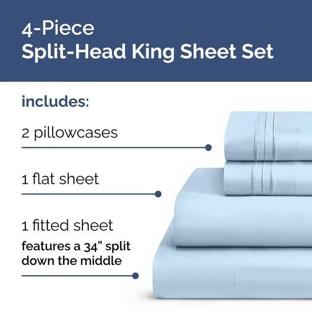 Alt view image 2 of 7 - Flex Top Split Head King 4 Piece Sheet Set - Ultra-Soft, Breathable & Cooling Bed Sheets Set - Hotel Luxury Bedding for Women & Men with Deep Pockets - Wrinkle and Fade Free - Oeko-Tex - Light Blue