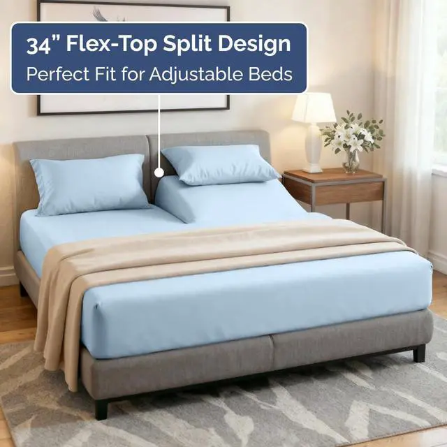 Alt view image 3 of 7 - Flex Top Split Head King 4 Piece Sheet Set - Ultra-Soft, Breathable & Cooling Bed Sheets Set - Hotel Luxury Bedding for Women & Men with Deep Pockets - Wrinkle and Fade Free - Oeko-Tex - Light Blue