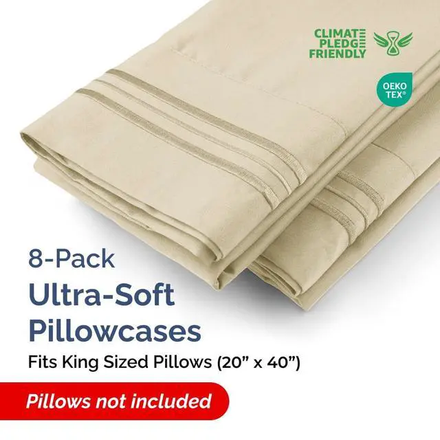Alt view image 2 of 7 - King Pillow Cases Set of 8 - Ultra Soft Hotel Quality Pillowcase Covers - Comfy & Wrinkle Free - Shrink, Stain and Fade Resistant - Easy-Care, Machine Washable Pillow Protectors - 8 Piece Set - Cream