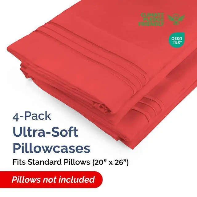 Alt view image 2 of 7 - Standard Pillow Cases Set of 4 - Ultra Soft Hotel Quality Pillowcase Covers - Comfy Cozy Bedding for Women, Men, Kids & Teens - Machine Washable Pillow Protectors - 4 Piece Set - Standard Size Red