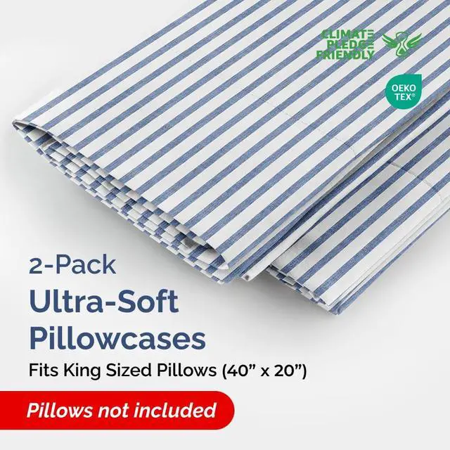 Alt view image 2 of 7 - King Pillow Cases Set of 2 - Ultra Soft Hotel Quality Pillowcase Covers - Comfy, Cozy & Wrinkle Free - Shrinkage and Fade Resistant - Machine Washable Pillow Protectors - 2 Piece Set - Blue Stripes 2