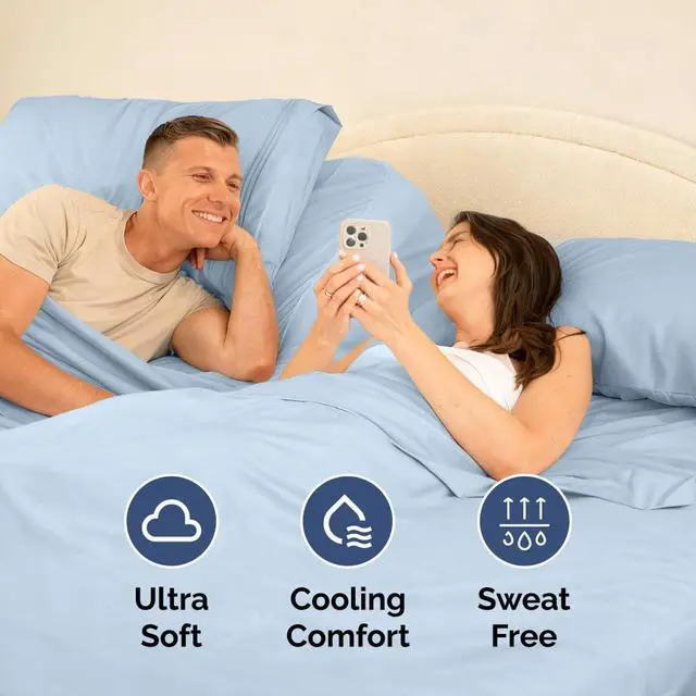 Alt view image 5 of 7 - Flex Top Split Head King 4 Piece Sheet Set - Ultra-Soft, Breathable & Cooling Bed Sheets Set - Hotel Luxury Bedding for Women & Men with Deep Pockets - Wrinkle and Fade Free - Oeko-Tex - Light Blue