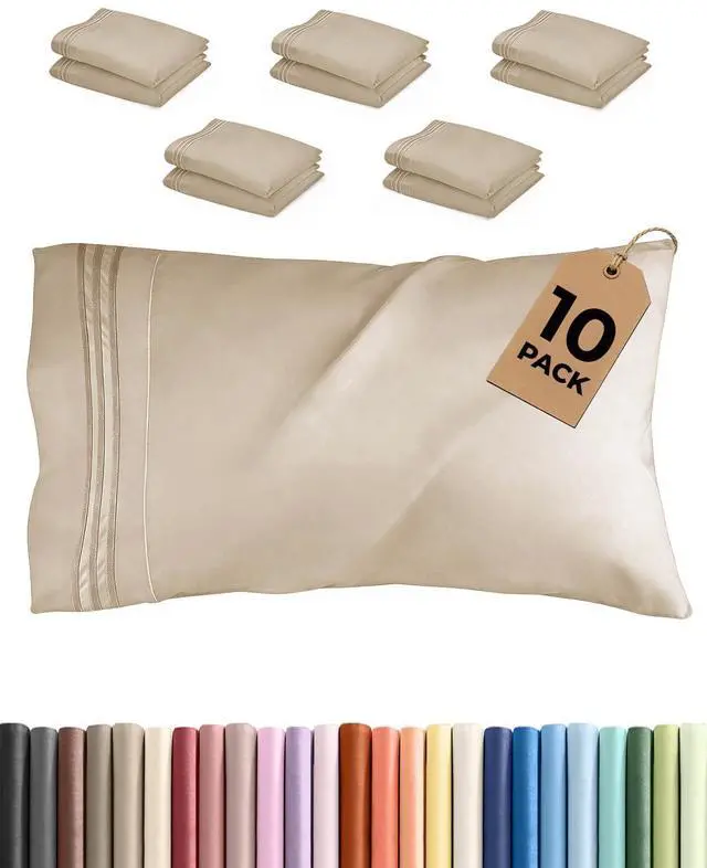 Main image of King Pillow Cases Set of 10 - Ultra Soft Hotel Quality Pillowcase Covers - Comfy & Wrinkle Free - Shrink, Stain and Fade Resistant - Easy-Care, Machine Washable Pillow Protectors - 10 Pcs Set - Wheat