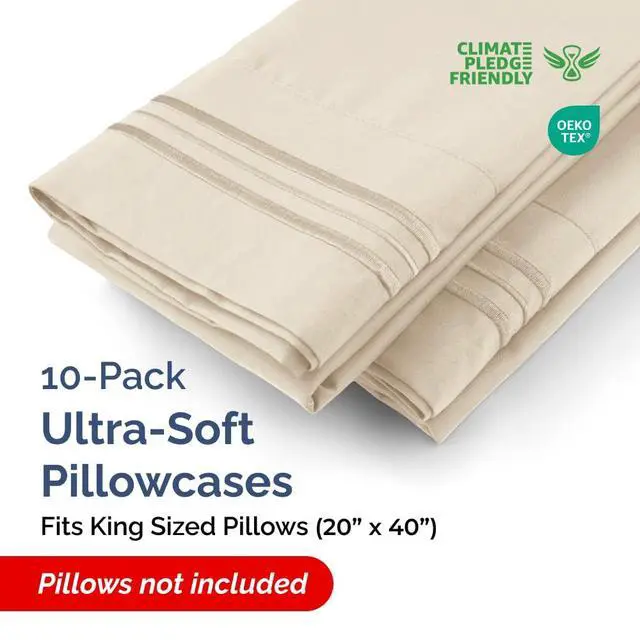 Alt view image 2 of 7 - King Pillow Cases Set of 10 - Ultra Soft Hotel Quality Pillowcase Covers - Comfy & Wrinkle Free - Shrink, Stain and Fade Resistant - Easy-Care, Machine Washable Pillow Protectors - 10 Pcs Set - Wheat