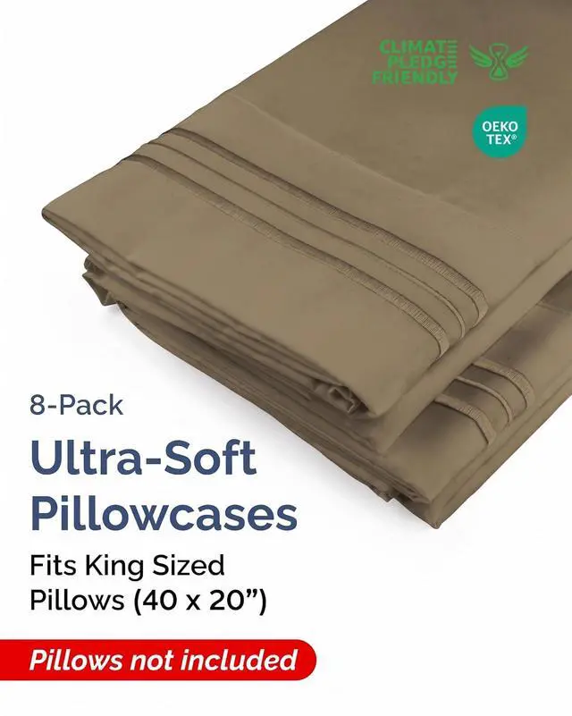 Alt view image 2 of 7 - King Pillow Cases Set of 8 - Ultra Soft Hotel Quality Pillowcase Covers - Comfy & Wrinkle Free - Shrink, Stain and Fade Resistant - Easy-Care, Machine Washable Pillow Protectors - 8 Piece Set - Khaki