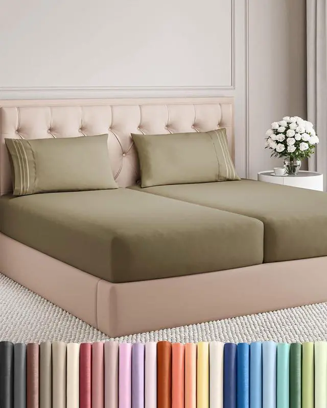 Main image of Split King Size 5 Piece Sheet Set - Comfy Breathable & Cooling Sheets - Hotel Luxury Bed Sheets for Women & Men - Deep Pockets, Easy-Fit, Soft and Wrinkle Free Sheets - Khaki Oeko-Tex Bed Sheet Set