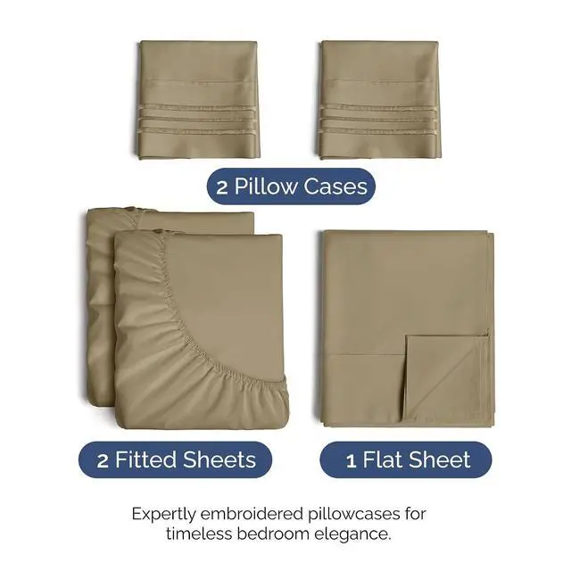 Alt view image 2 of 7 - Split King Size 5 Piece Sheet Set - Comfy Breathable & Cooling Sheets - Hotel Luxury Bed Sheets for Women & Men - Deep Pockets, Easy-Fit, Soft and Wrinkle Free Sheets - Khaki Oeko-Tex Bed Sheet Set