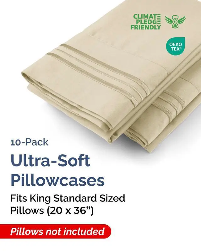 Alt view image 2 of 7 - King Standard Pillow Cases Set of 10 - Ultra Soft Hotel Quality Pillowcase Covers - Comfy & Wrinkle Free - Shrink, Stain and Fade Resistant - Machine Washable Pillow Protectors - 10 Piece Set - Cream