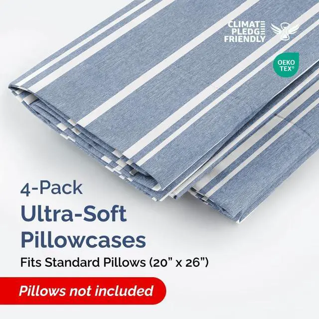 Alt view image 2 of 7 - Standard Pillow Cases Set of 4 - Soft Hotel Quality Pillowcase Covers - Comfy, Cozy Bedding for Women, Men, Kids & Teens - Machine Washable Pillow Protectors - 4 Piece - Standard Size Blue Stripes
