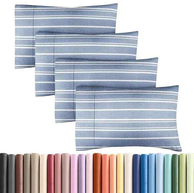 Main image of King Pillow Cases Set of 4 - Ultra Soft Hotel Quality Pillowcase Covers - Comfy, Cozy & Wrinkle Free - Shrinkage and Fade Resistant - Machine Washable Pillow Protectors - 4 Piece Set - Blue Stripes 3