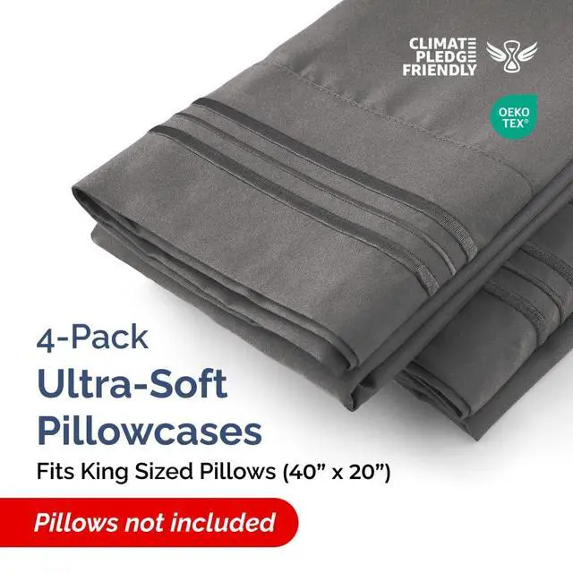 Alt view image 2 of 7 - King Pillow Cases Set of 4 - Ultra Soft Hotel Quality Pillowcase Covers - Comfy, Cozy & Wrinkle Free - Shrinkage, Stain and Fade Resistant - Machine Washable Pillow Protectors - 4 Piece Set - Charcoal