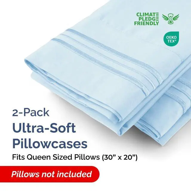 Alt view image 2 of 7 - Queen Pillow Cases Set of 2 - Ultra Soft Hotel Quality Pillowcase Covers - Comfy, Cozy & Wrinkle Free - Shrinkage, Stain & Fade Resistant - Machine Washable Pillow Protectors - 2 Piece Set - Sky Blue