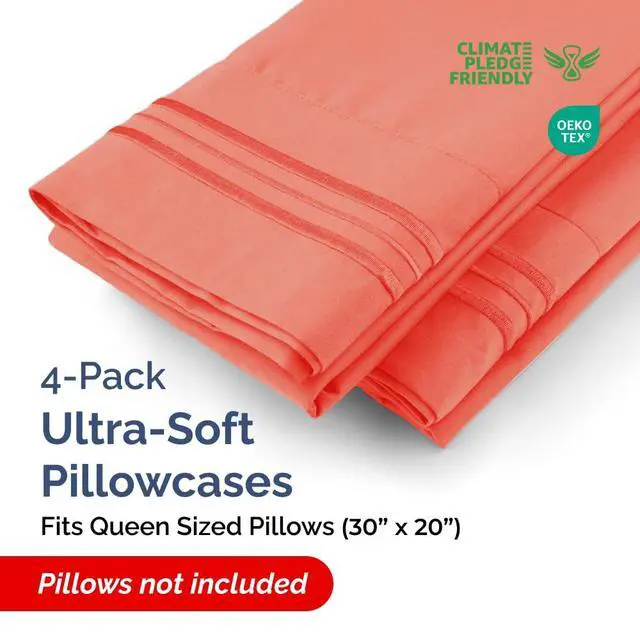 Alt view image 2 of 7 - Queen Pillow Cases Set of 4 - Ultra Soft Hotel Quality Pillowcase Covers - Comfy, Cozy & Wrinkle Free - Shrinkage, Stain and Fade Resistant - Machine Washable Pillow Protectors - 4 Piece Set - Coral