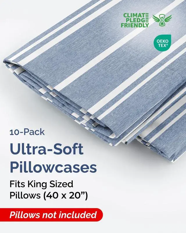 Alt view image 2 of 7 - King Pillow Cases Set of 10 - Ultra Soft Hotel Quality Pillowcase Covers - Comfy & Wrinkle Free - Shrink & Fade Resistant - Easy-Care, Machine Washable Pillow Protectors - 10 Piece Set - Blue Stripes