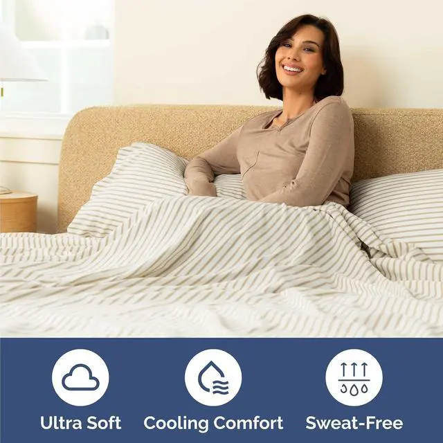 Alt view image 4 of 7 - Cal King Size 4 Piece Sheet Set - Comfy Breathable & Cooling Sheets - Hotel Luxury Bed Sheets for Women & Men - Deep Pockets, Easy-Fit, Soft & Wrinkle Free Sheets - Beige Stripes Oeko-Tex Bed Sheets