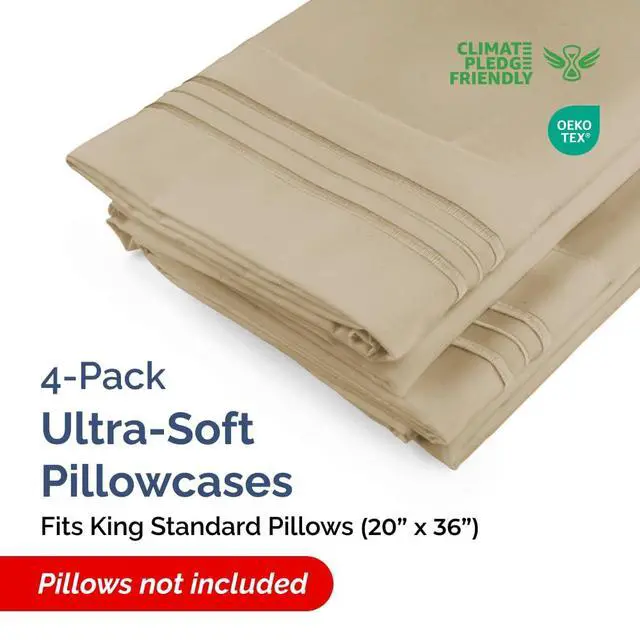 Alt view image 2 of 7 - King Standard Pillow Cases Set of 4 - Soft Hotel Quality Pillowcase Covers - Comfy Bedding for Women, Men, Kids & Teens - Machine Washable Pillow Protectors - 4 Piece Set - King Standard Size Beige