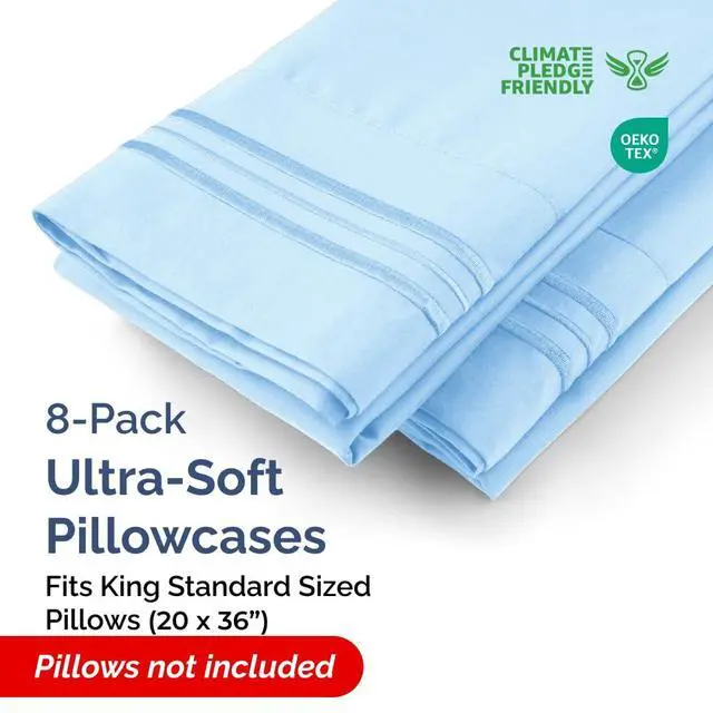 Alt view image 2 of 7 - King Standard Pillow Cases Set of 8 - Ultra Soft Hotel Quality Pillowcase Covers - Comfy & Wrinkle Free - Shrink & Fade Resistant - Soft, Machine Washable Pillow Protectors - 8 Piece Set - Light Blue