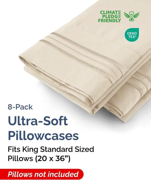 Alt view image 2 of 7 - King Standard Pillow Cases Set of 8 - Ultra Soft Hotel Quality Pillowcase Covers - Comfy & Wrinkle Free - Shrink & Fade Resistant - Easy-Care, Machine Washable Pillow Protectors - 8 Piece Set - Wheat