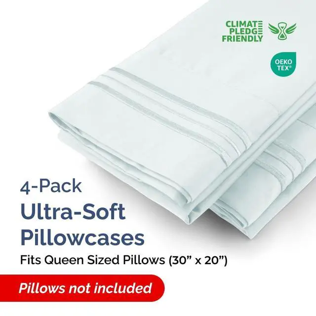 Alt view image 2 of 7 - Queen Pillow Cases Set of 4 - Ultra Soft Hotel Quality Pillowcase Covers - Comfy, Cozy & Wrinkle Free - Shrinkage, Stain & Fade Resistant - Machine Washable Pillow Protectors - 4 Piece Set - Ice Blue