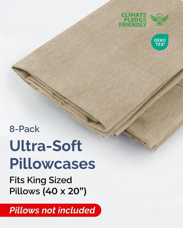 Alt view image 2 of 7 - King Pillow Cases Set of 8 - Ultra Soft Hotel Quality Pillowcase Covers - Comfy & Wrinkle Free - Stain & Fade Resistant - Easy-Care, Machine Washable Pillow Protectors - 8 Piece Set - Heathered Beige