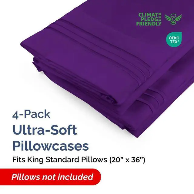 Alt view image 2 of 7 - King Standard Pillow Cases Set of 4 - Soft Hotel Quality Pillowcase Covers - Comfy Bedding for Women, Men, Kids & Teens - Machine Washable Pillow Protectors - 4 Piece Set - King Standard Size Purple