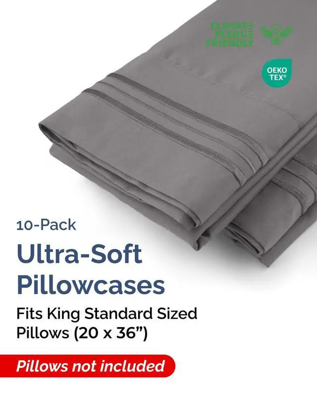 Alt view image 2 of 7 - King Standard Pillow Cases Set of 10 - Ultra Soft Hotel Quality Pillowcase Covers - Comfy & Wrinkle Free - Stain & Fade Resistant - Soft, Machine Washable Pillow Protectors - 10 Piece Set - Dark Grey