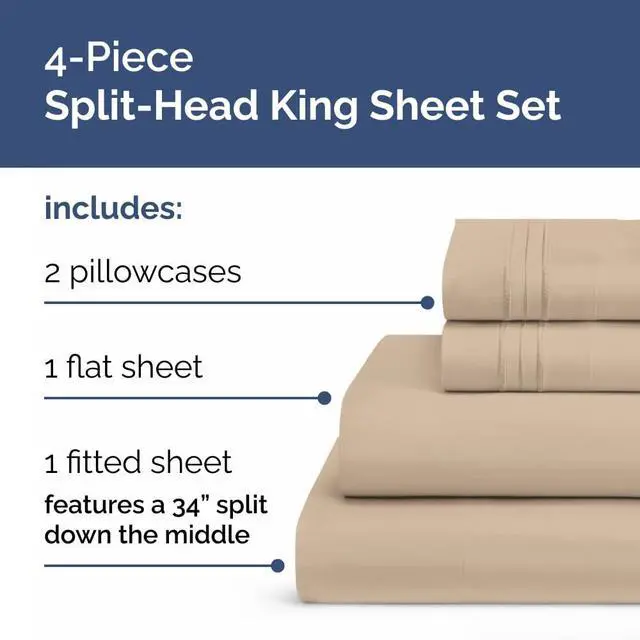 Alt view image 2 of 7 - Flex Top Split Head King 4 Piece Sheet Set - Ultra-Soft, Breathable & Cooling Bed Sheets Set - Hotel Luxury Bedding for Women & Men with Deep Pockets - Wrinkle Free & Fade Resistant - Oeko-Tex - Cream