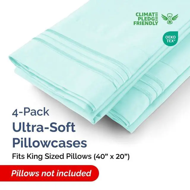 Alt view image 2 of 7 - King Pillow Cases Set of 4 - Ultra Soft Hotel Quality Pillowcase Covers - Comfy, Cozy & Wrinkle Free - Shrinkage, Stain and Fade Resistant - Machine Washable Pillow Protectors - 4 Piece Set - Spa Blue
