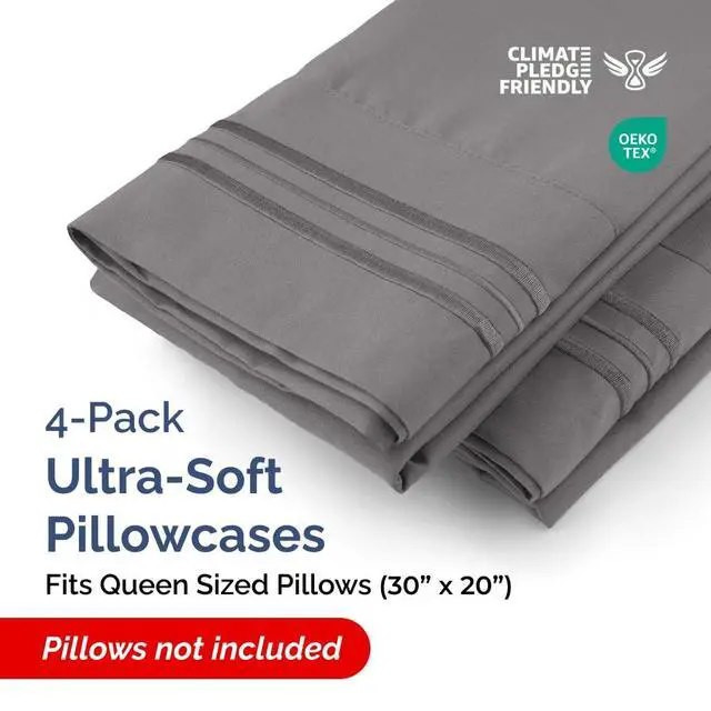 Alt view image 2 of 7 - Queen Pillow Cases Set of 4 - Ultra Soft Hotel Quality Pillowcase Covers - Comfy, Cozy & Wrinkle Free - Shrinkage, Stain & Fade Resistant - Machine Washable Pillow Protectors - 4 Piece Set - Dark Grey