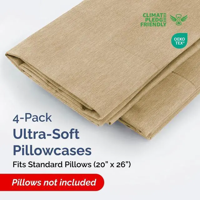 Alt view image 2 of 7 - Standard Pillow Cases Set of 4 - Ultra Soft Hotel Quality Pillowcase Covers - Comfy Bedding for Women, Men, Kids & Teens - Machine Washable Pillow Protectors - 4 Piece - Standard Size Heathered Tan