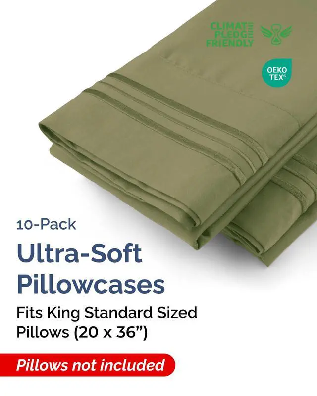 Alt view image 2 of 7 - King Standard Pillow Cases Set of 10 - Ultra Soft Hotel Quality Pillowcase Covers - Cozy & Wrinkle Free - Stain & Fade Resistant - Soft, Machine Washable Pillow Protectors - 10 Piece Set - Sage Green