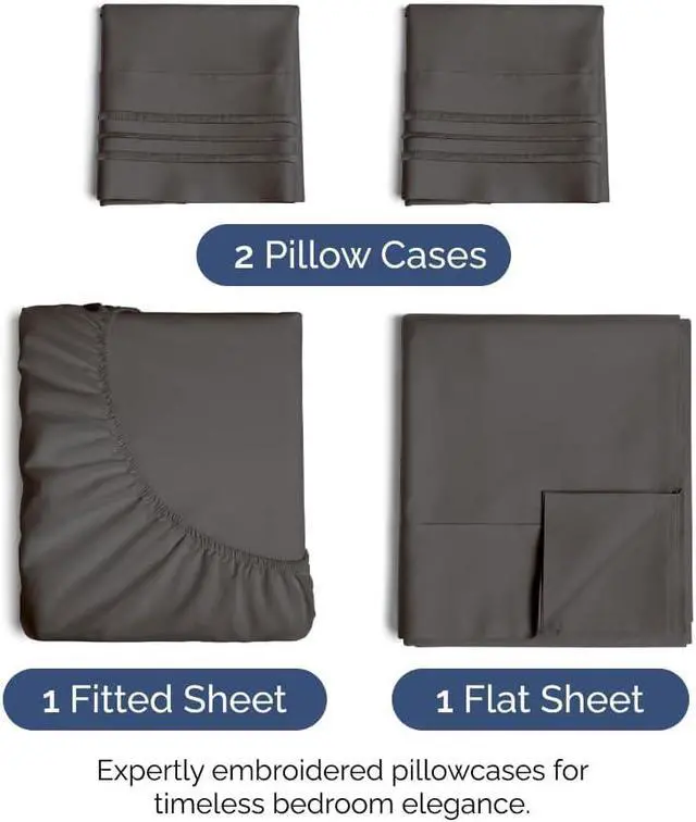 Alt view image 2 of 7 - Queen Size 4 Piece Sheet Set - Comfy Breathable & Cooling Sheets - Hotel Luxury Bed Sheets for Women & Men - Deep Pockets, Easy-Fit, Extra Soft & Wrinkle Free Sheets - Charcoal Oeko-Tex Bed Sheet Set