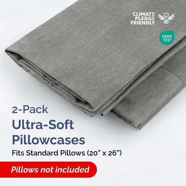 Alt view image 2 of 7 - Standard Pillow Cases Set of 2 - Ultra-Soft Hotel Quality Pillowcase Covers - Comfy & Wrinkle Free - Stain and Fade Resistant - Machine Washable Pillow Protectors - 2 Piece Set - Heathered Grey