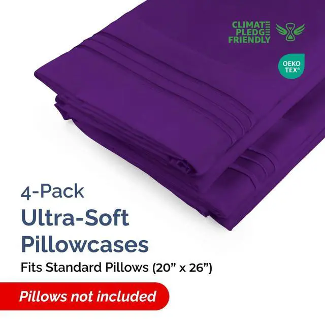 Alt view image 2 of 7 - Standard Pillow Cases Set of 4 - Ultra Soft Hotel Quality Pillowcase Covers - Comfy Cozy Bedding for Women, Men, Kids & Teens - Machine Washable Pillow Protectors - 4 Piece Set - Standard Size Purple
