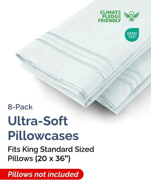 Alt view image 2 of 7 - King Standard Pillow Cases Set of 8 - Ultra Soft Hotel Quality Pillowcase Covers - Cozy & Wrinkle Free - Shrink, Stain and Fade Resistant - Machine Washable Pillow Protectors - 8 Piece Set - Ice Blue