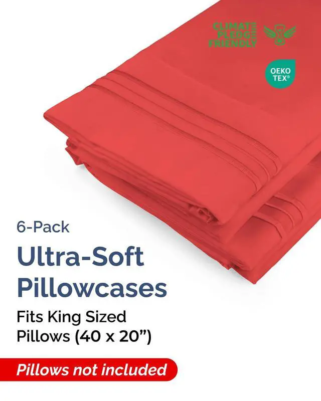 Alt view image 2 of 7 - King Pillow Cases Set of 6 - Ultra Soft Hotel Quality Pillowcase Covers - Comfy, Cozy & Wrinkle Free - Stain & Fade Resistant - Soft, Easy-Care, Machine Washable Pillow Protectors - 6 Piece Set - Red